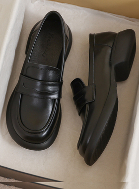 羊皮版~大码41到43乐福鞋女英伦风小皮鞋厚底黑色上班工作单鞋子