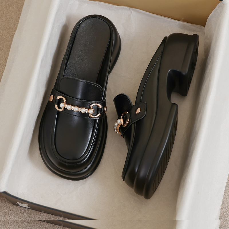 牛皮版~包头半拖鞋女2025超火夏季黑色高跟33时尚34码外穿凉拖鞋
