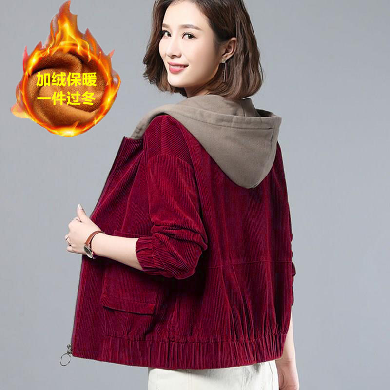 加绒灯芯绒外套大码开衫上衣休闲百搭韩版中年妈妈潮女式外衣女士