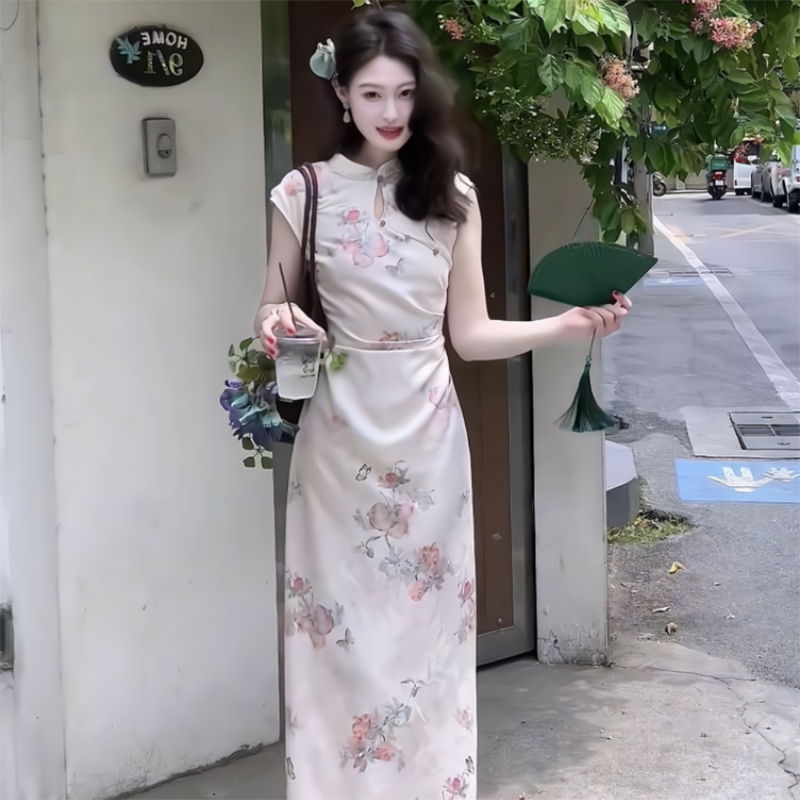 高个子新中式改良旗袍裙子国风气质提花显瘦到脚踝加长款连衣裙女