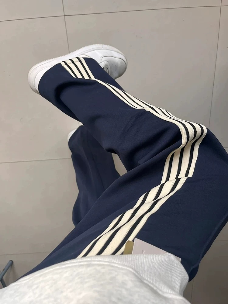 藏青色三条杠直筒卫裤女秋冬美式校裤高街oversize痞帅运动裤子潮