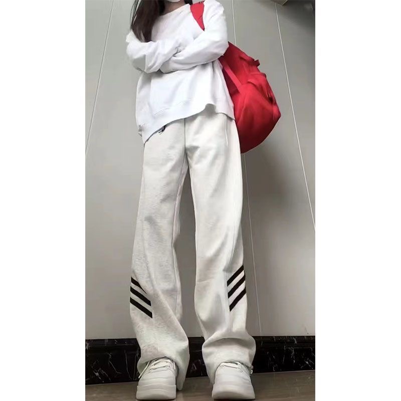 美式白灰色运动裤女秋冬新款高腰直筒休闲卫裤宽松工装阔腿长裤子