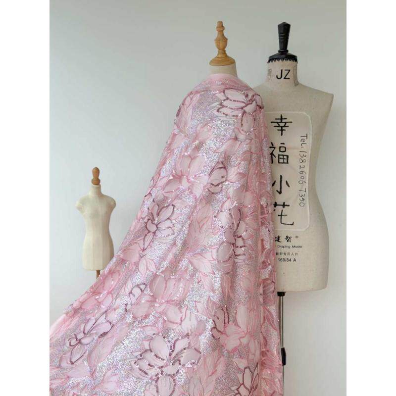 S3粉紫色亮片大花立体刺绣软网纱刺绣蕾丝布料旗袍服装面料