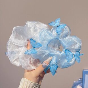 精灵蓝色蝴蝶网纱大肠发圈女扎头发绳丸子头头绳海边度假发饰夏季