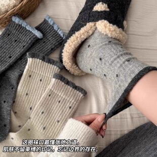 波点花边袜子女秋冬季灰色中筒袜加厚保暖ins韩版复古花边长筒袜