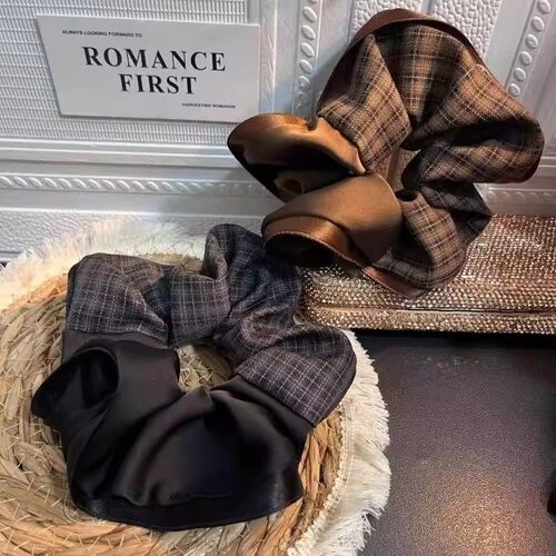 韩系双拼格纹大肠发圈设计感百搭少女扎丸子头发绳赫本风发饰头饰