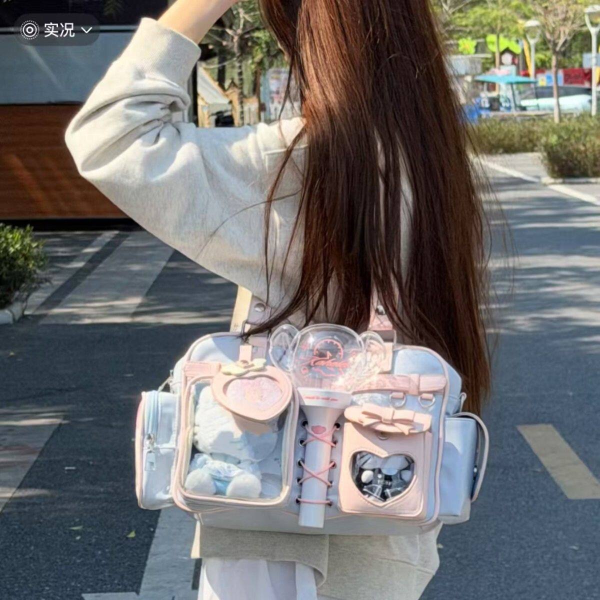 带暗格双肩痛包2026网红蓝粉双肩痛包女 隐形暗格收纳灯牌支架 大