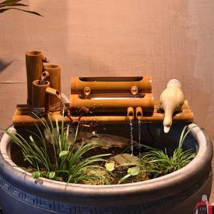 陶瓷鱼缸竹子流水过滤器循环摆件石槽圆缸增氧喷泉风水轮水车造景