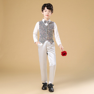 表演服 套装 男童钢琴礼服四件套演出服儿童幻彩灰亮片马甲衬衫 西裤