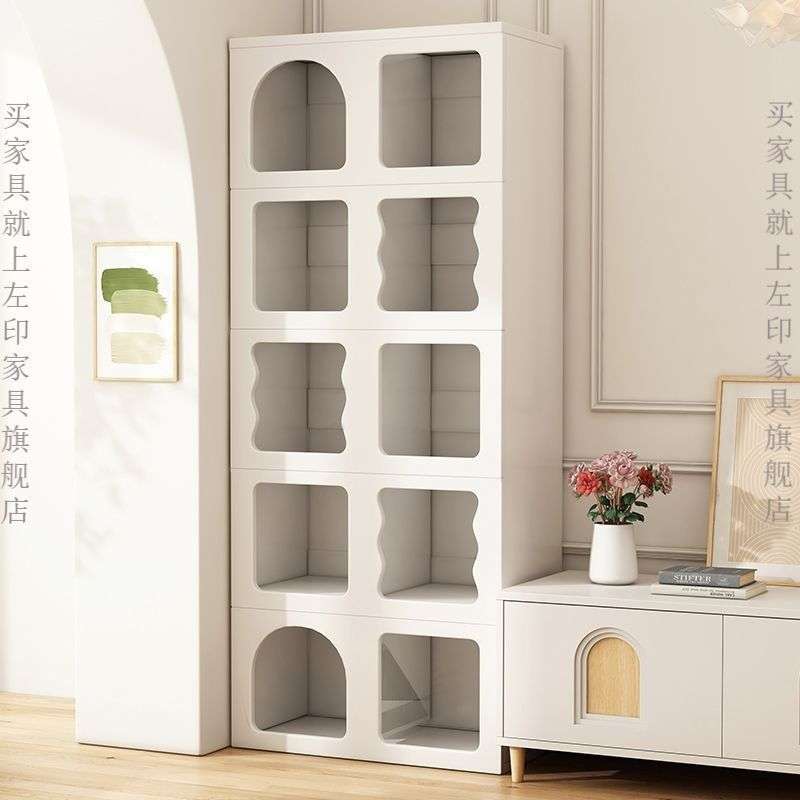 奶油风书柜落地置物架靠墙收纳展示柜创意格子书架储物柜儿童书架