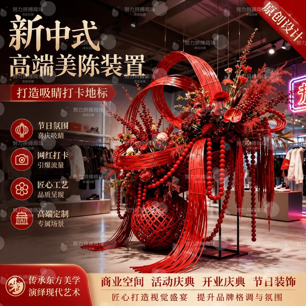 新中式红色花艺装饰摆件商业美陈开业庆典节日氛围布置