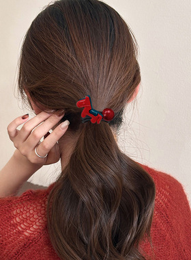 高级感红色小马发绳女新年合金头绳高弹力酒红珠珠皮筋扎马尾发饰