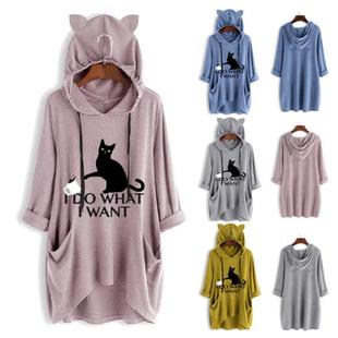 Cat Ladies Loose Size Long Hooded Womens Large Ears Tops