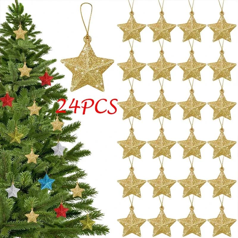Gold Glitter Star Ornaments Christmas Tree Hanging Pendant 2