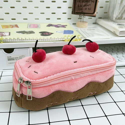 Cute Pencil Bag Plush Cherry Cake Pencil Case Large Capacity