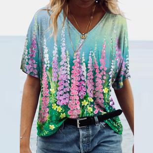 Shirt Landscape Watercolor Sleeve Neck Floral Short