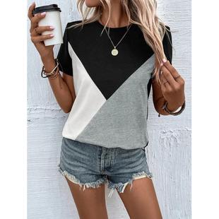 stitching loose contrast shirt Womens round color neck
