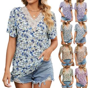 Lace loose short sleeved stitching for women neck chiffon