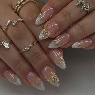 24 Pcs French Fake Press on Nails 3d Gold Bow Adhesive Nail