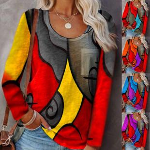 casual Contrast color geometric long women splicing shirt