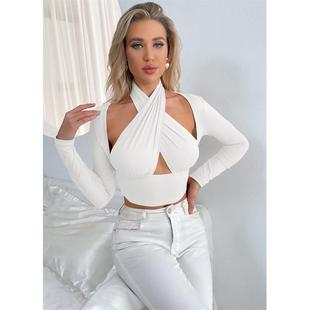 crop push lady wear tops halter high street hollow neck