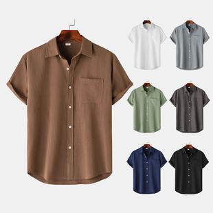 Mens Solid Clothing Linen Short Color Sleeve Shirt Button