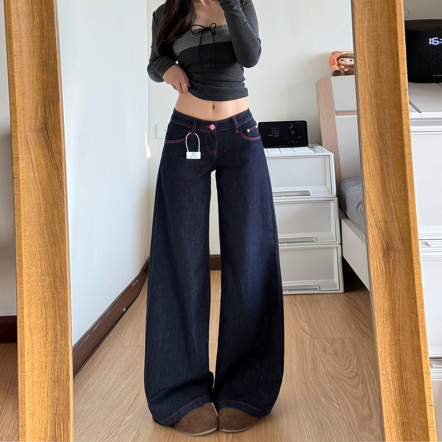 复古撞色阔腿牛仔裤女2026春夏新款设计辣妹低腰宽松垂感百搭长裤