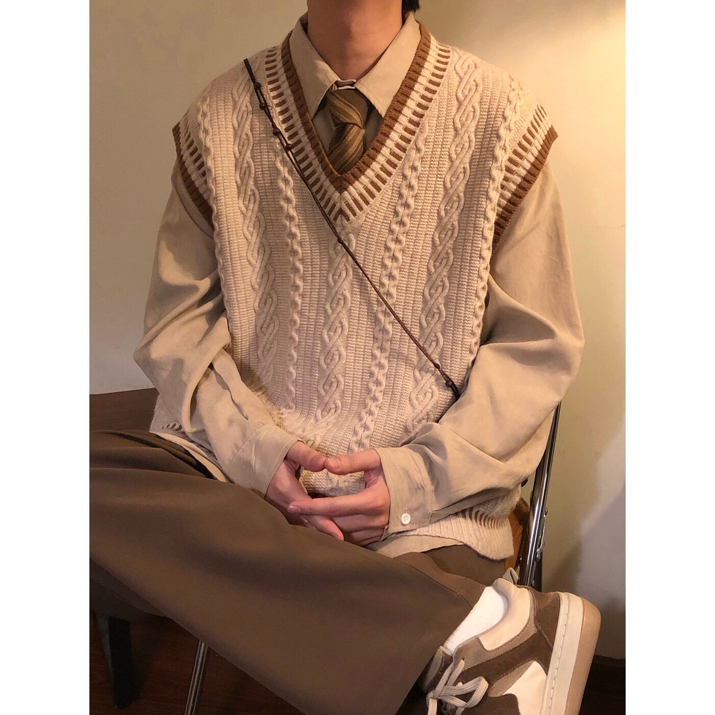学院风v领针织马甲男春秋款日系复古无袖dk毛衣背心套头坎肩外套