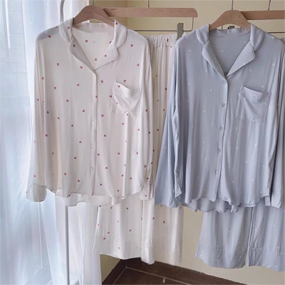 日系莫代尔棉睡衣女春秋季小爱心长袖长裤薄款宽松休闲套装家居服