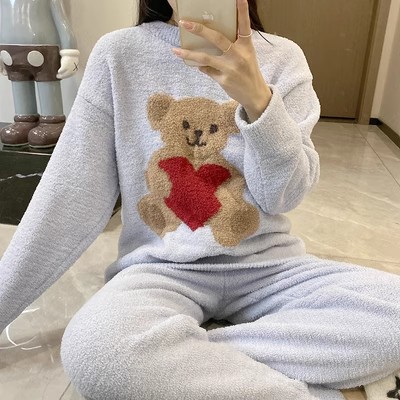 日系睡衣女珊瑚绒长袖秋冬可外穿ins爱心网红大码保暖家居服套装