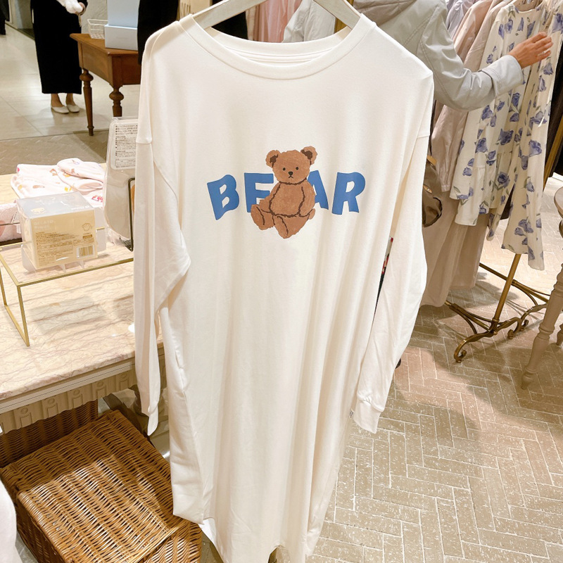 春秋柔软莫代尔棉睡衣女日系新品宽松卡通睡裙小熊长袖长裤透气