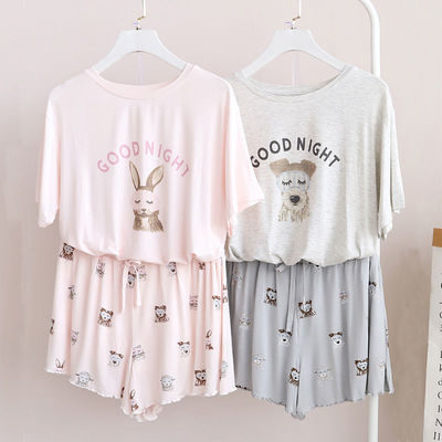 日系卡通莫代尔棉大码睡衣女夏薄款短袖宽松可爱家居服套装可外穿