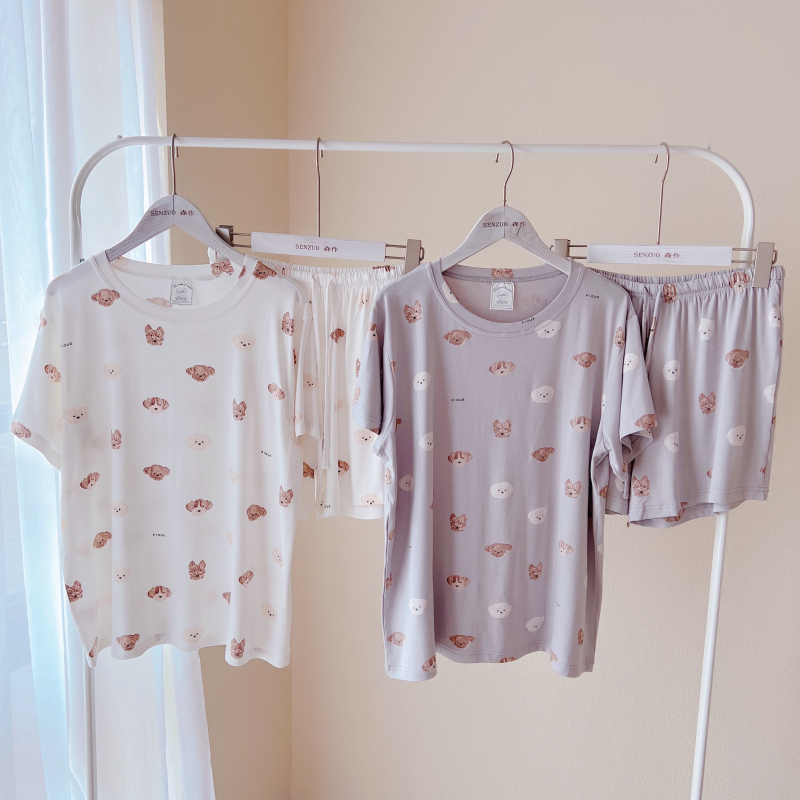 2025春夏莫代尔棉新款睡衣女卡通狗狗套头短袖夏天家居服套装薄款