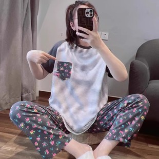 可外穿 莫代尔棉日系碎花睡衣女春秋季 短袖 长裤 休闲可爱家居服套装