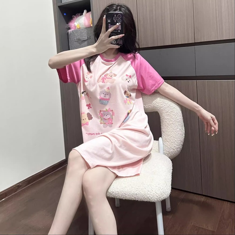 可爱狗狗短袖睡裙2025新款夏款宽松莫代尔棉凉感睡衣女孩家居服