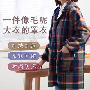 可外穿外套加厚长袖 罩衣成人工作服厨房家用大码 围裙 加绒时尚 冬季