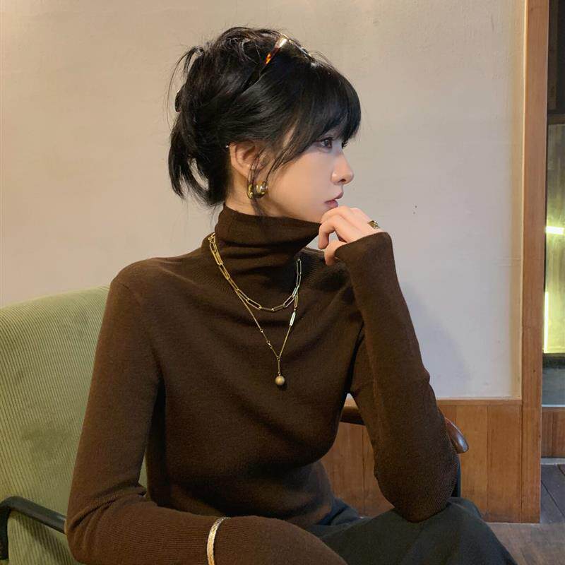 软糯羊毛衫女高领冬季打底针织衫咖色薄款内搭长袖气质高级感上衣