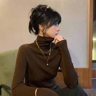 软糯羊毛衫女高领冬季打底针织衫咖色薄款内搭长袖气质高级感上衣