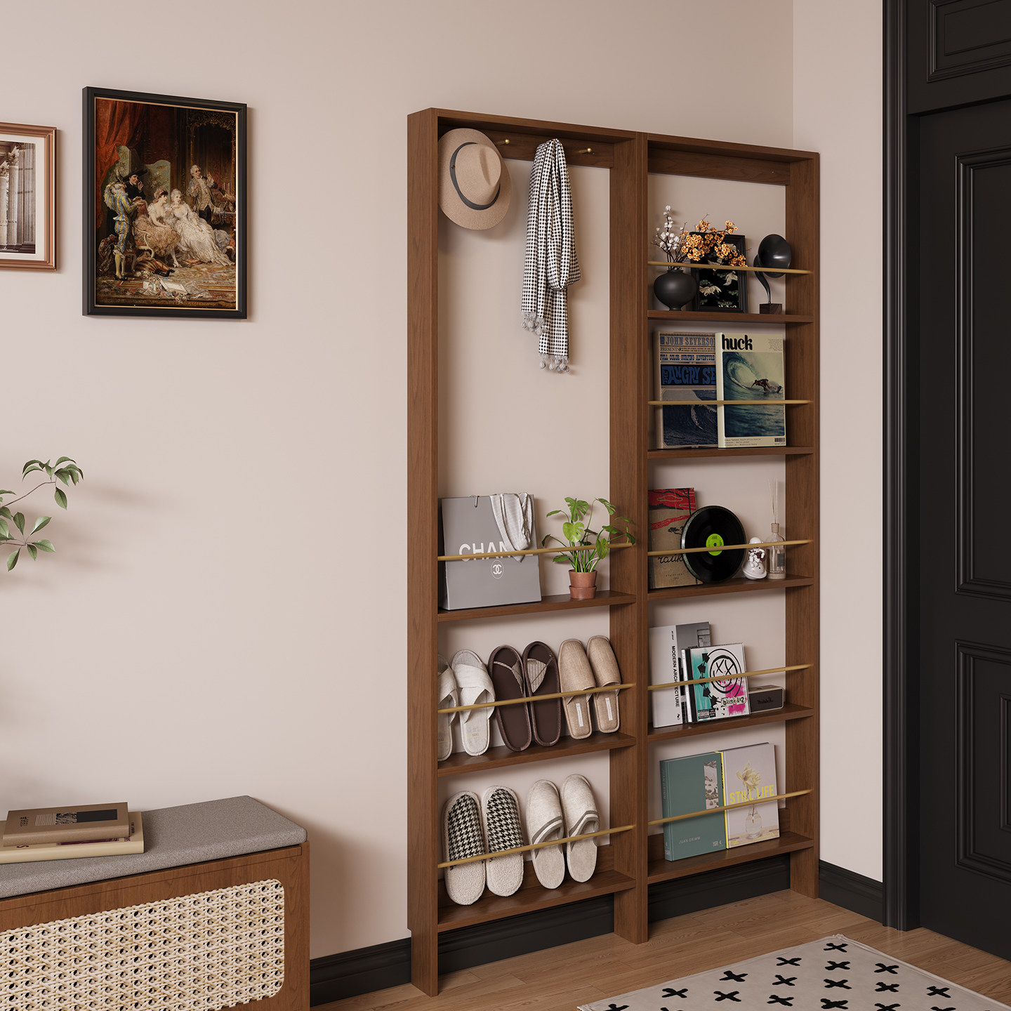 门后书架置物架黑胡桃木色玄关超薄柜极窄柜客厅收纳靠墙夹缝窄柜