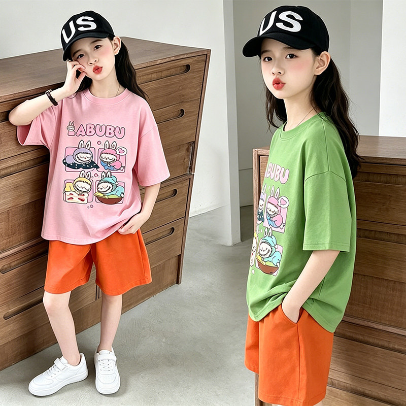 女童夏季薄款卡通短袖短裤两件套
