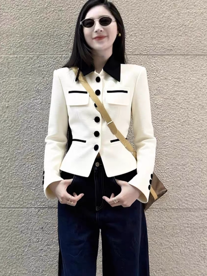 短款小香风外套女新款2025年秋冬职业撞色长袖西装小个子显瘦上衣