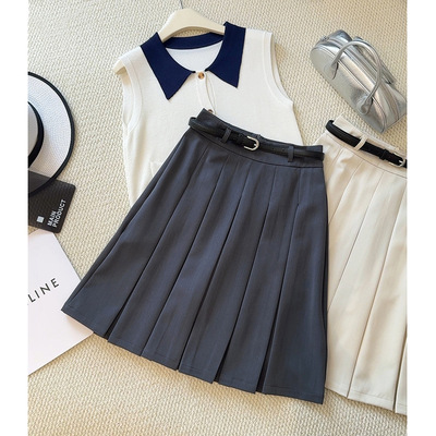 百褶裙女2025春夏新款学院风显瘦高腰A字西装半身裙藏青色中裙