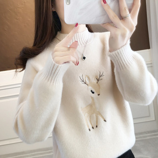 2025秋冬水貂绒加绒加厚半高领学生初中高中女大童百搭毛衣