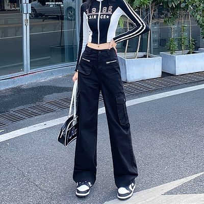 高腰美式工装裤女秋季2023年新款ins潮复古阔腿拖地裤复古设计