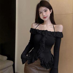 网红直播上衣服女主播服装上镜性感一字领露肩不规则打底针织衫秋