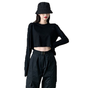 泫雅同款爵士风格女装jazz舞蹈上衣超短露脐长袖T恤欧美辣妹穿搭