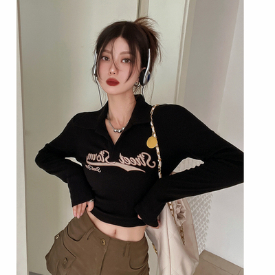 短款露脐内搭复古长袖T恤