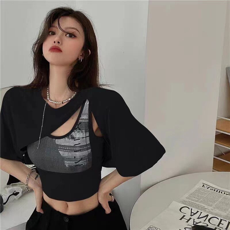y2k千禧辣妹韩舞背心短袖T恤叠穿短款套装kpop女团跳舞爵士上衣夏