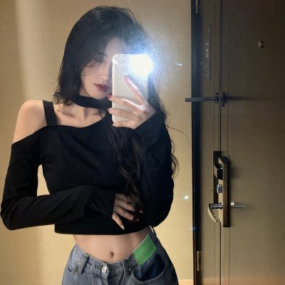 辣妹直播衣服女主播服装上镜性感一字领露肩吊带上衣短款长袖T恤