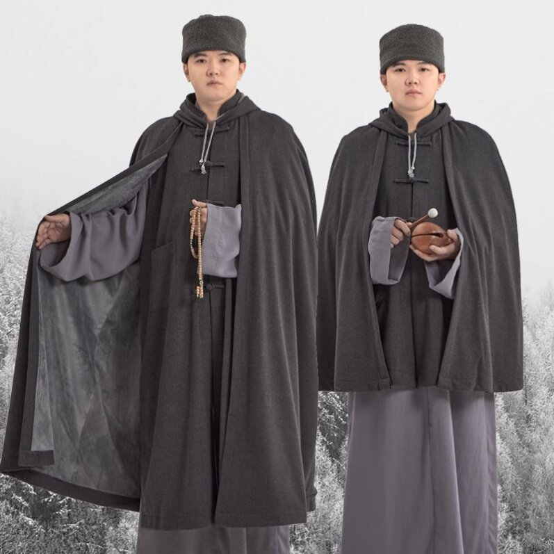 新款冬季僧服呢子加绒披风加厚打坐坎肩男女和尚僧人连帽禅修观音